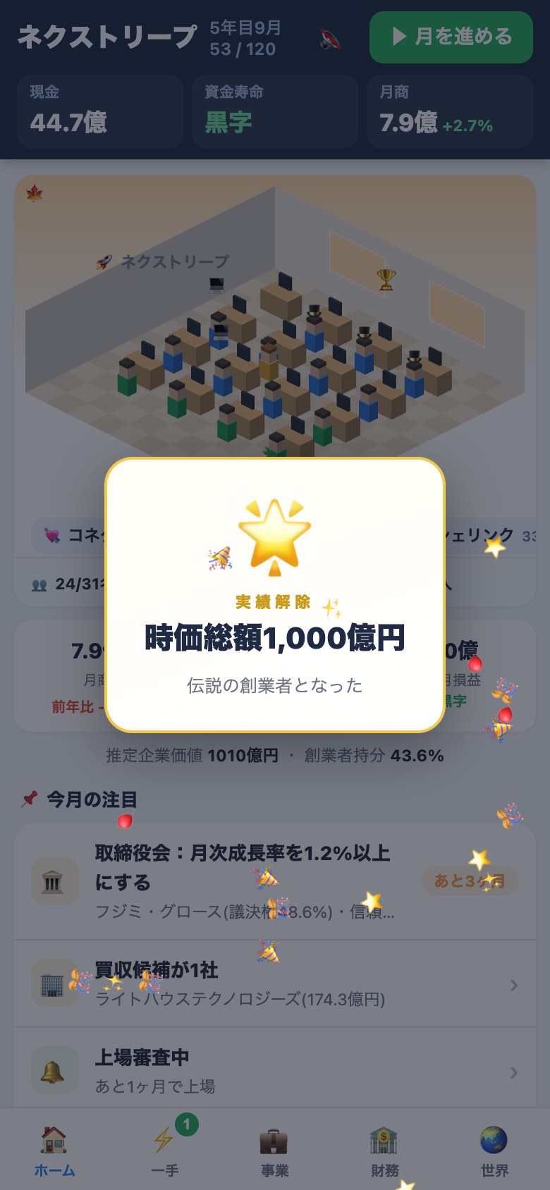実績「時価総額1,000億円」の解除画面