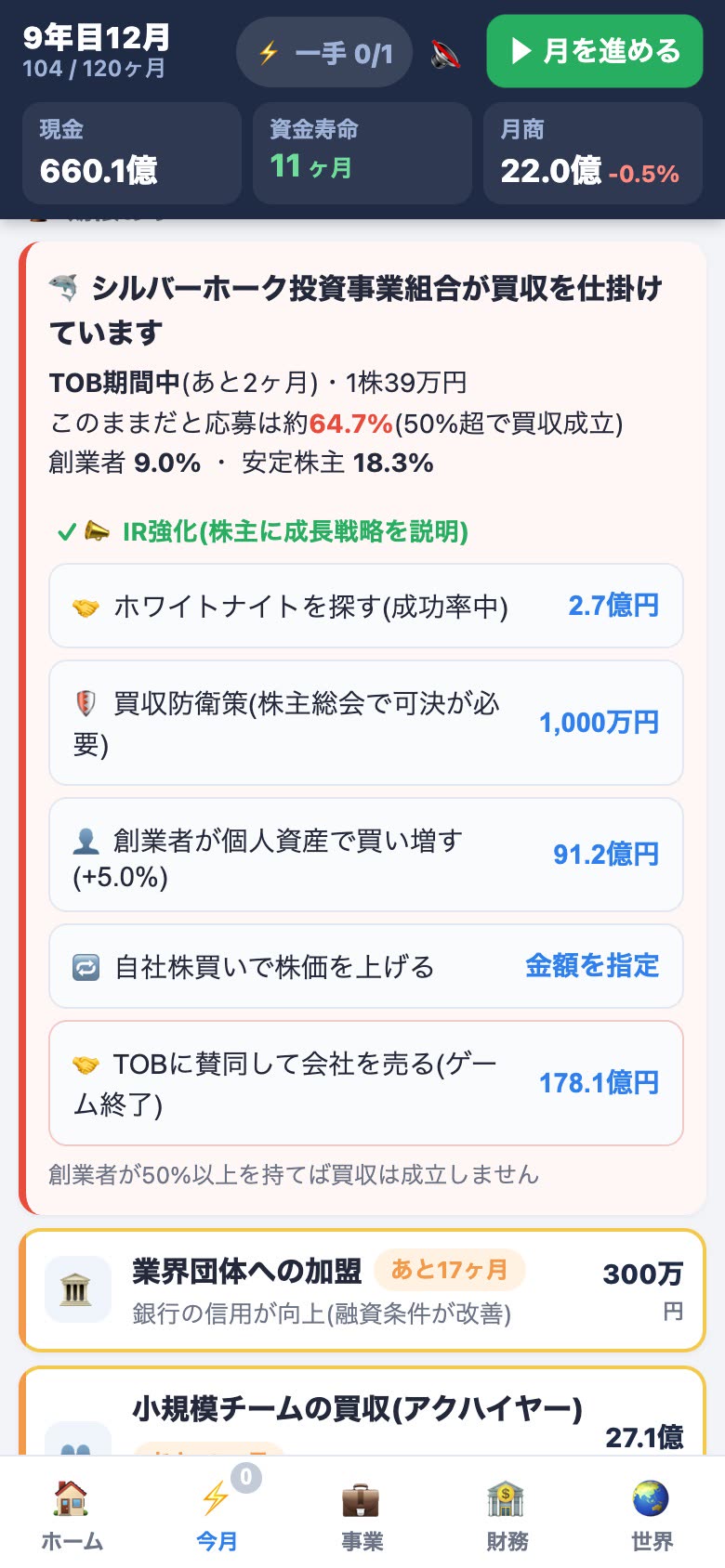 投資ファンドからTOBを仕掛けられ、防衛策を選ぶ画面